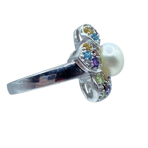 East Art Sterling Silver 8mm Pearl Solitaire Multi-Gemstone Floral Ring Sz 5.75 - Picture 5 of 11